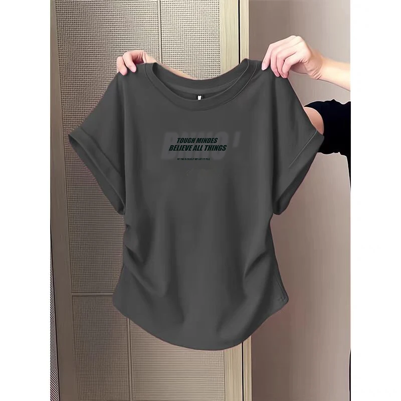 大码胖mm纯欲风辣妹修身显瘦短袖T恤女士夏季设计感圆弧下摆上衣