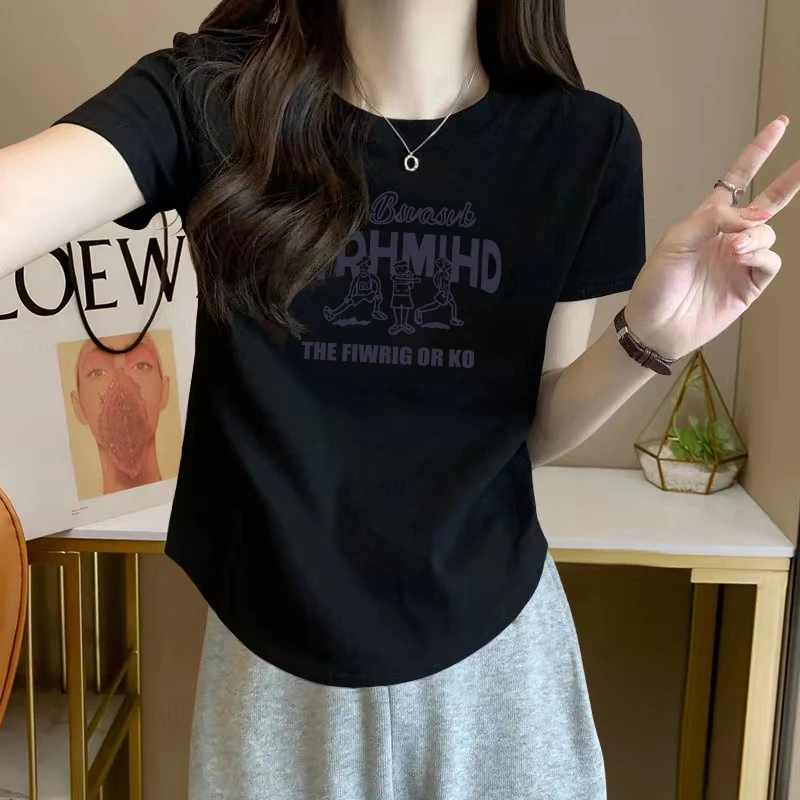 设计感圆弧下摆修身显瘦短袖T恤女学生夏季韩版百搭时尚圆领上衣