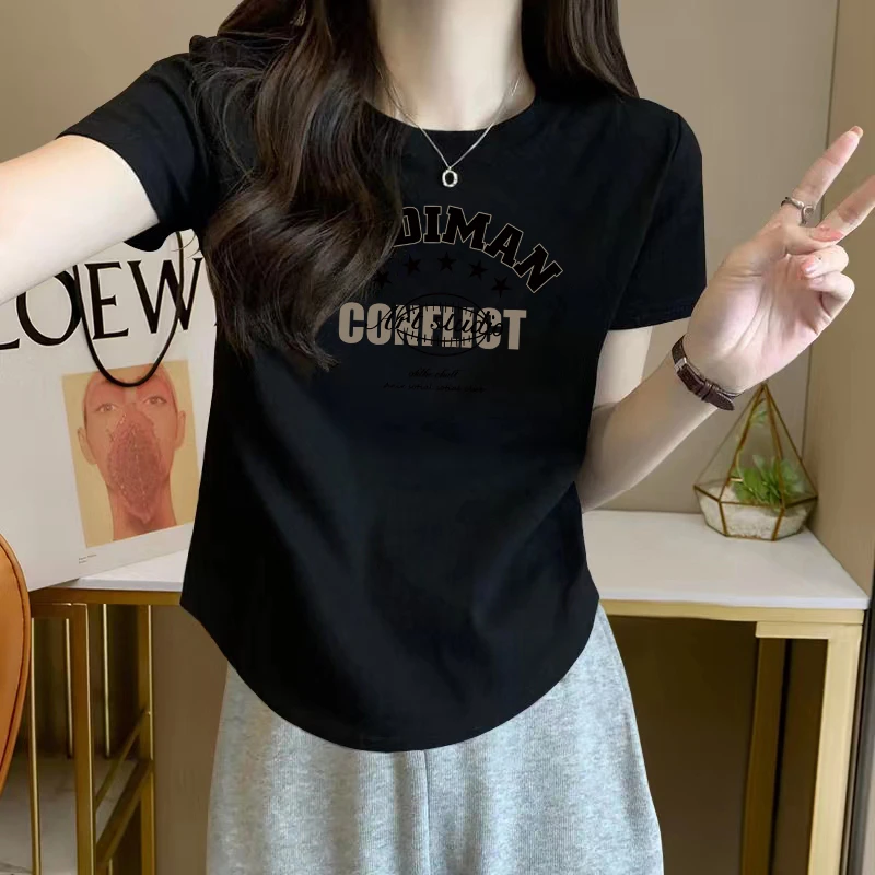 大码胖mm纯欲风辣妹时尚减龄圆领印花上衣女学生夏季修身显瘦T恤