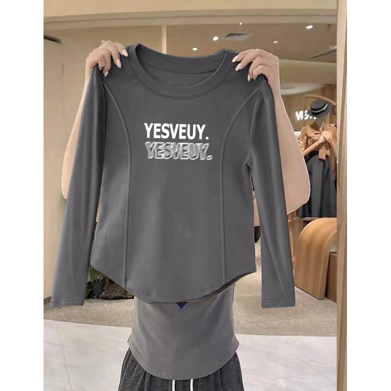 大码胖mm设计感圆弧下摆长袖T恤女士秋季纯欲风辣妹修身显瘦上衣