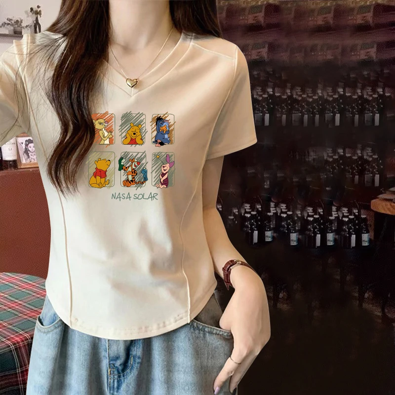 设计感鱼骨纹修身显瘦短袖正肩T恤女学生夏季新款洋气印花V领上衣