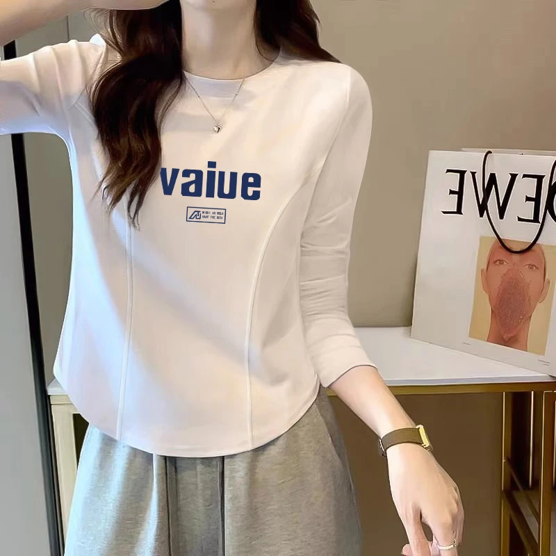 韩版设计感鱼骨纹修身显瘦长袖T恤女士秋季纯欲风辣妹打底衫内搭