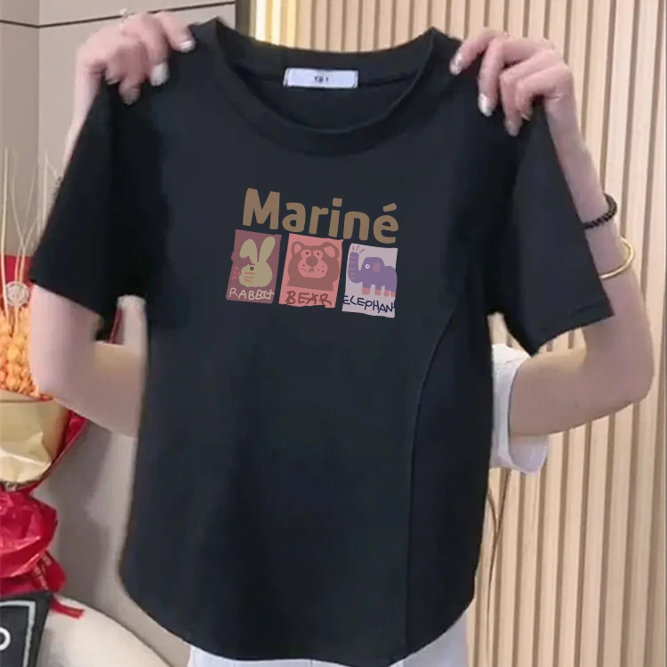 夏季新款圆领正肩短袖印花T恤女士ins设计感圆弧下摆修身显瘦上衣