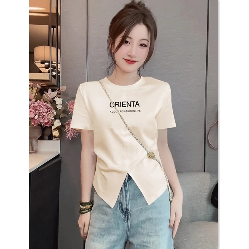夏季新款纯欲风辣妹短袖纯棉T恤女士不规则圆弧下摆开叉圆领上衣