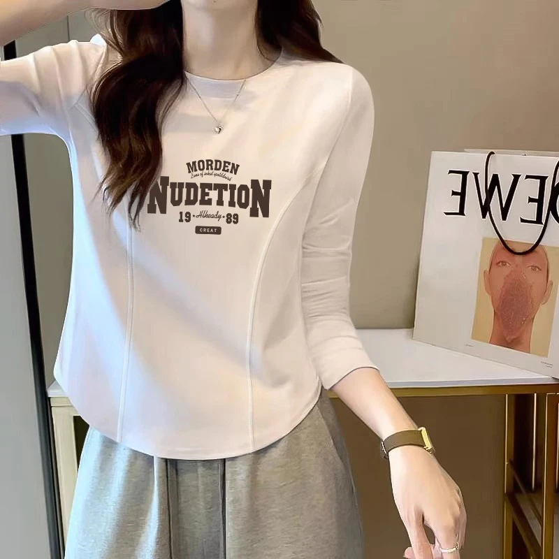韩版设计感圆弧下摆鱼骨纹长袖T恤女士秋季纯欲风辣妹打底衫内搭