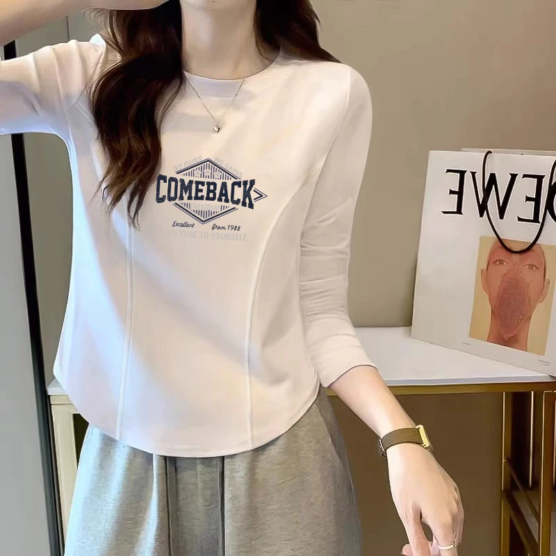 大码胖mm设计感圆弧下摆长袖T恤女士秋季纯欲风辣妹圆领印花上衣