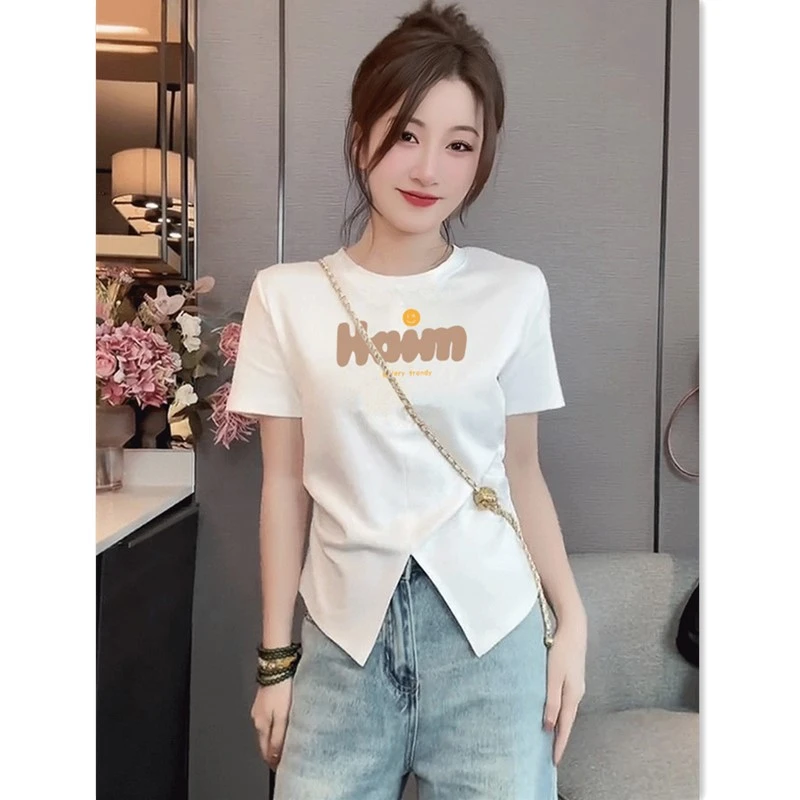 纯欲风辣妹修身显瘦短袖纯棉T恤女士夏季不规则圆弧下摆开叉上衣