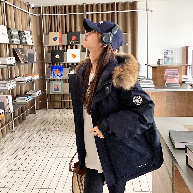 2024冬新款大毛领派克羽绒服女宽松韩版小个子白鸭绒工装外套潮