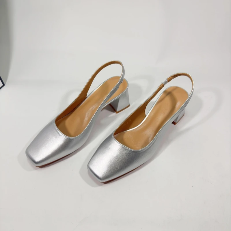 34-40码 5厘米夏季新款羊皮包头凉鞋女粗跟方头复古凉拖女鞋时尚