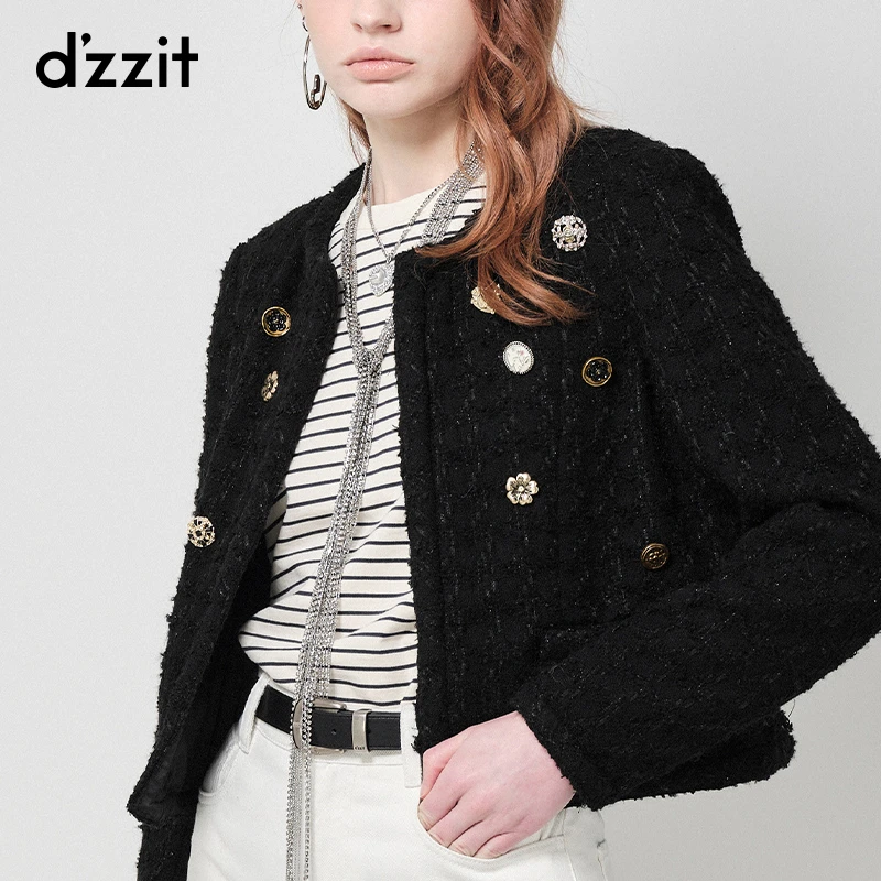 dzzit地素粗花呢外套秋冬小香风黑色纽扣缝制装饰上衣女3H4F408