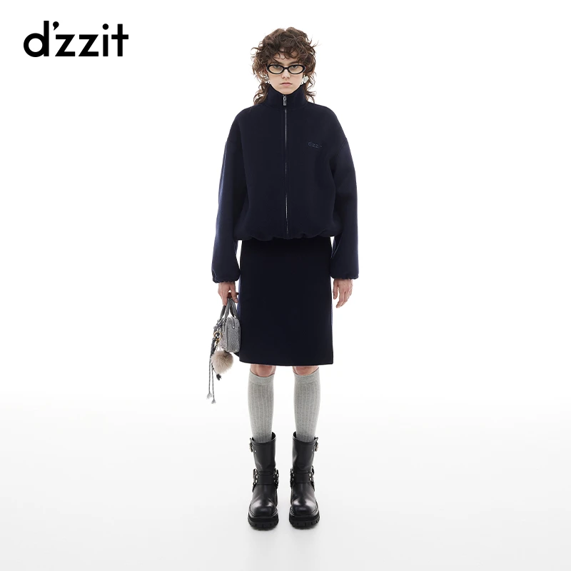 dzzit地素短外套冬季复古绵羊毛双面呢简约廓形夹克女3I4G120