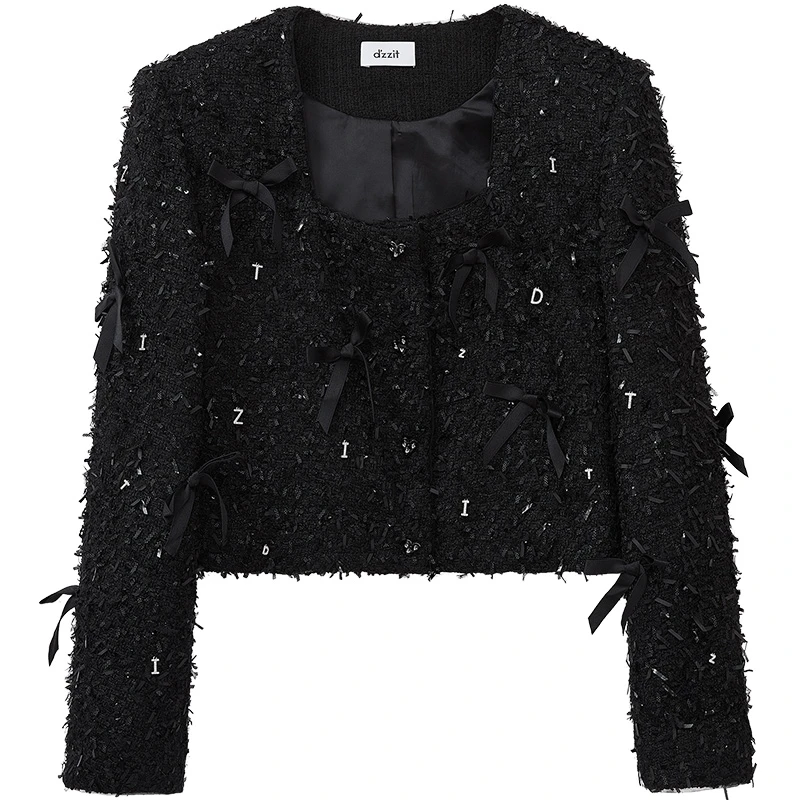 dzzit地素蝴蝶结粗花呢短外套春秋小香风雅丹风女3I1F423
