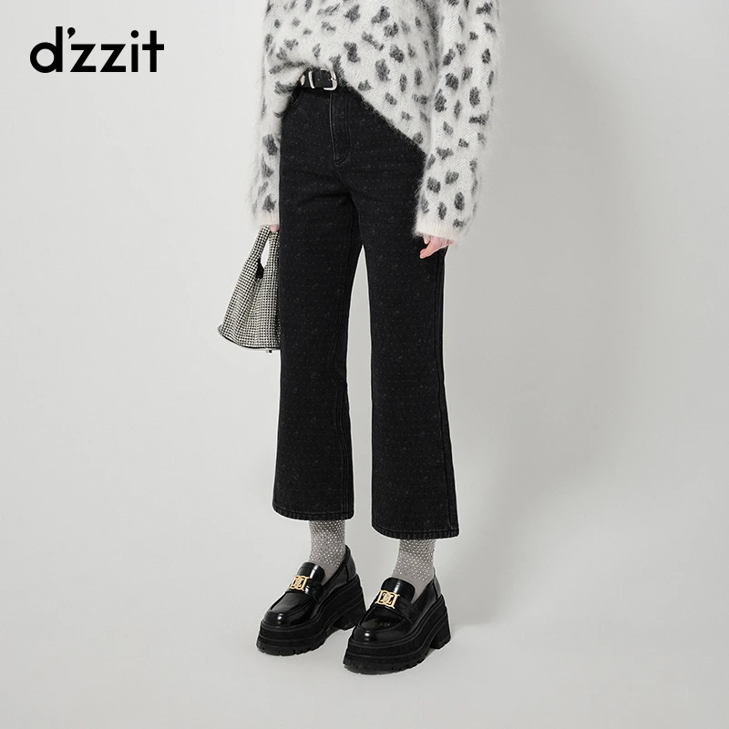 dzzit地素九分牛仔裤春秋黑色印花静奢风微喇直筒裤女3I1R601