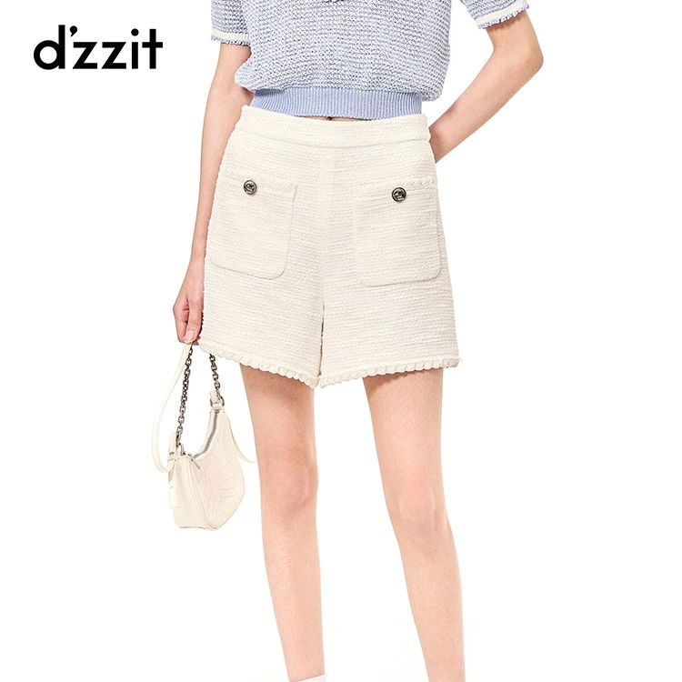 dzzit地素夏秋芭比小香风波浪边装饰直筒裤女粗花呢短裤3H2Q108