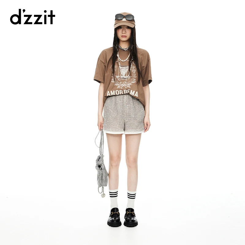 dzzit地素短裤夏季小香风粗花呢毛边设计松紧腰休闲裤子3I2Q116