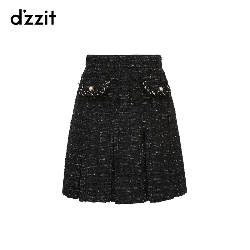 dzzit地素黑色粗花呢半裙小香风羊毛混纺黑色A字短裙女3H4S435