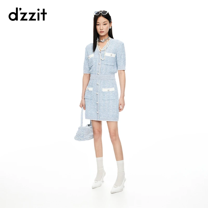 【瑞妮精选】dzzit地素连衣裙24夏小香风松紧腰短袖针织裙女尤莱特