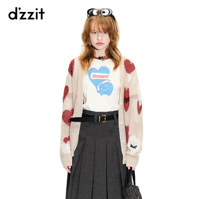dzzit地素春秋季爱心撞色宽松提花设计冬季针织开衫女3H1E532