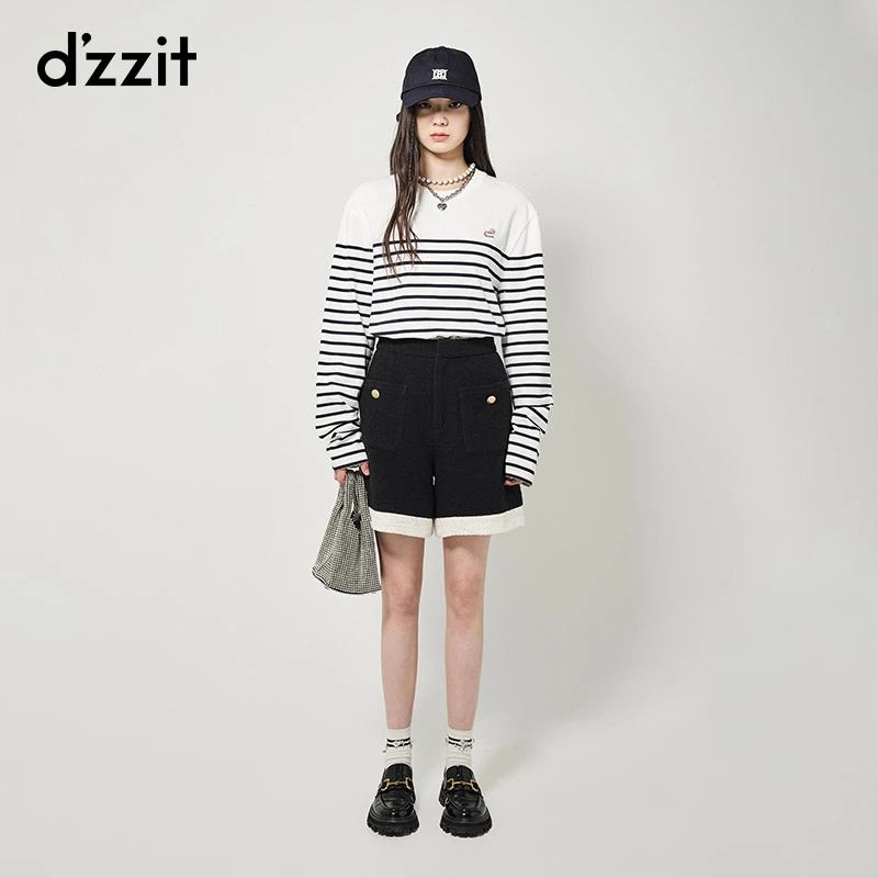 dzzit地素条纹长袖上衣春秋休闲圆领撞色棉质打底衫卫衣女3H3J109