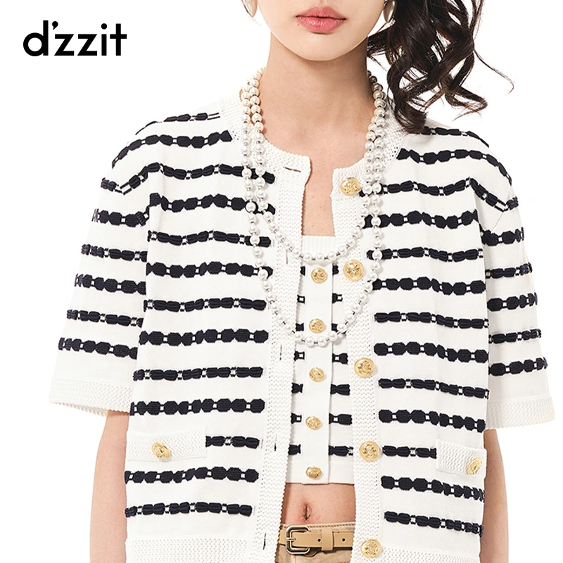 dzzit地素夏秋气质法式浪漫手工定制金属感纽扣针织衫女3H2E511