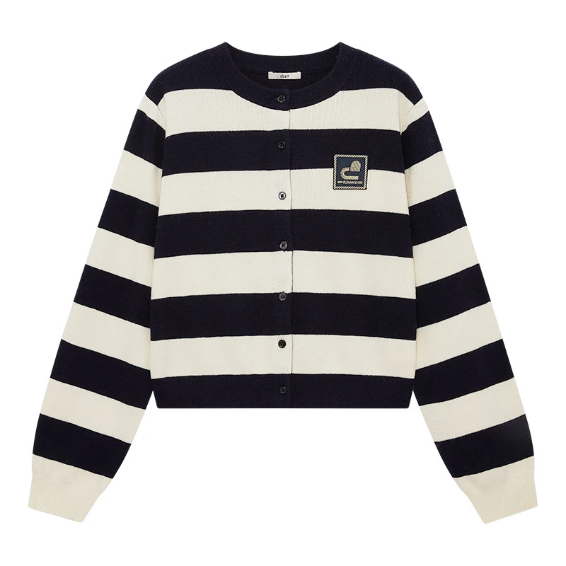 dzzit地素针织衫复古学院风金葱绣标条纹开衫女3I4E537