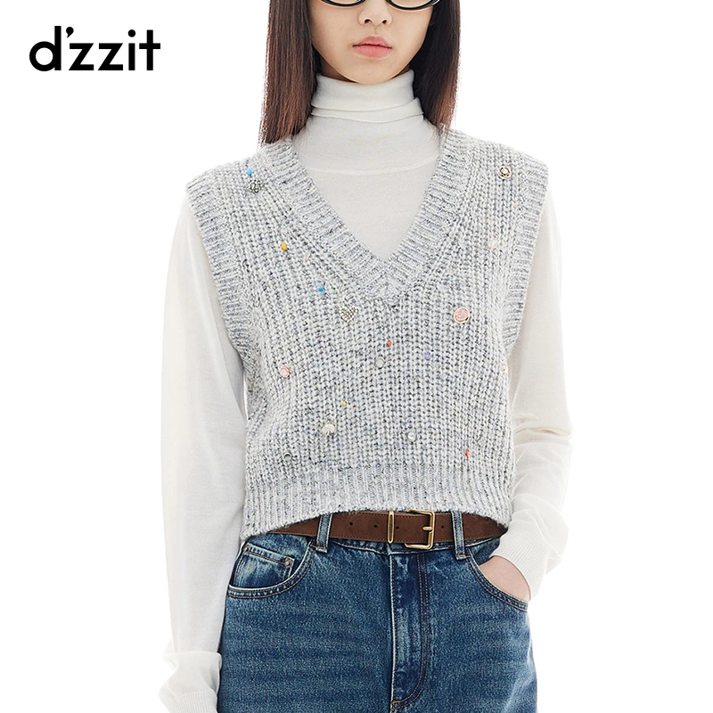 dzzit地素针织背心冬季摩登缤纷纽扣装饰V领上衣女3I4E205