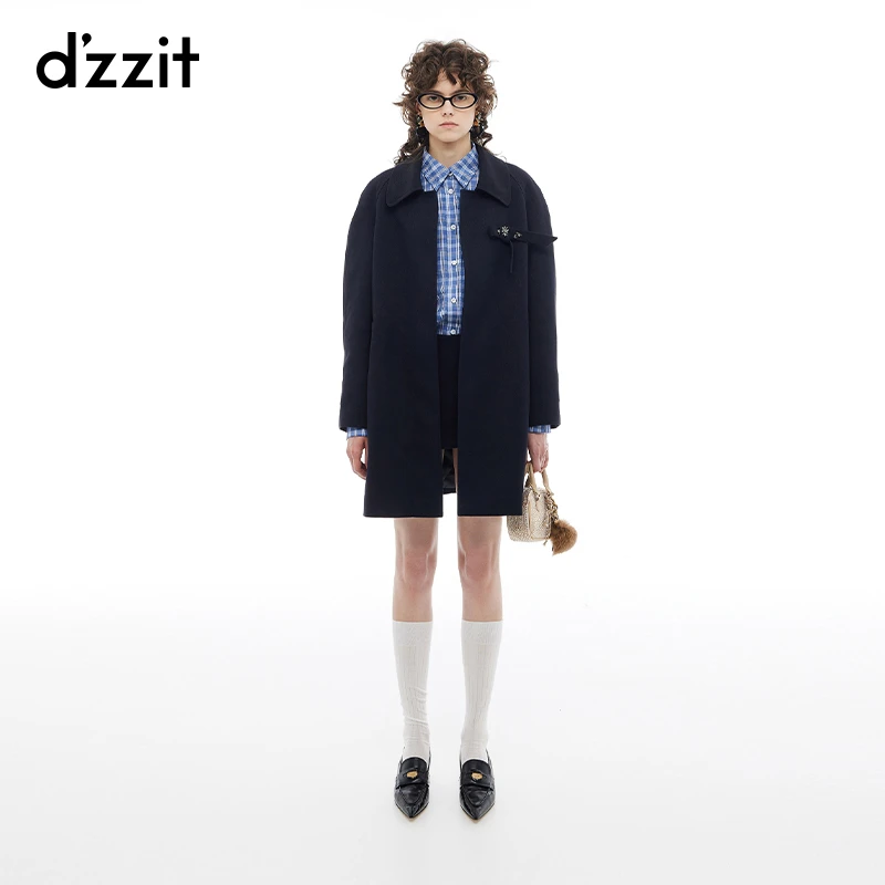 dzzit地素棉服冬季时髦胸针装饰斜纹插肩直身中长外套女3I4H311
