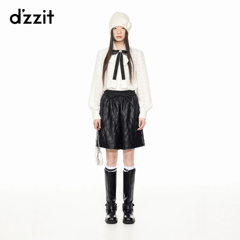 dzzit地素环保皮短裤春秋黑色宽松静奢风休闲裤女雅丹风3I1Q101