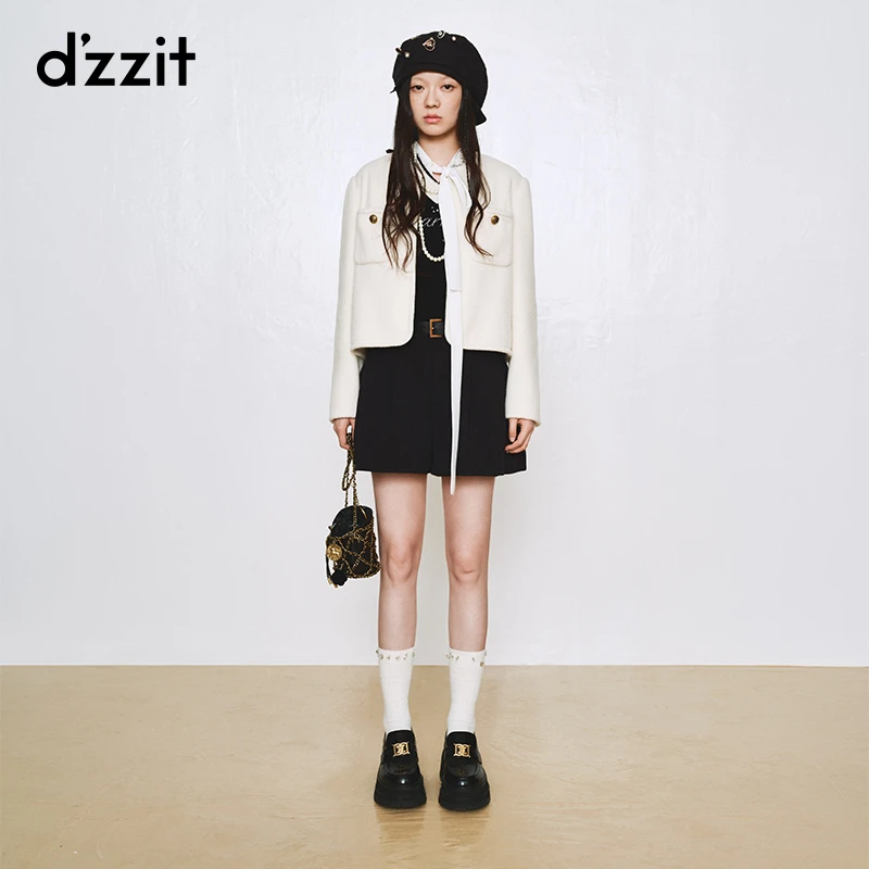 dzzit地素毛呢外套秋冬千金小香风圆领白色短款大衣女3H4G174