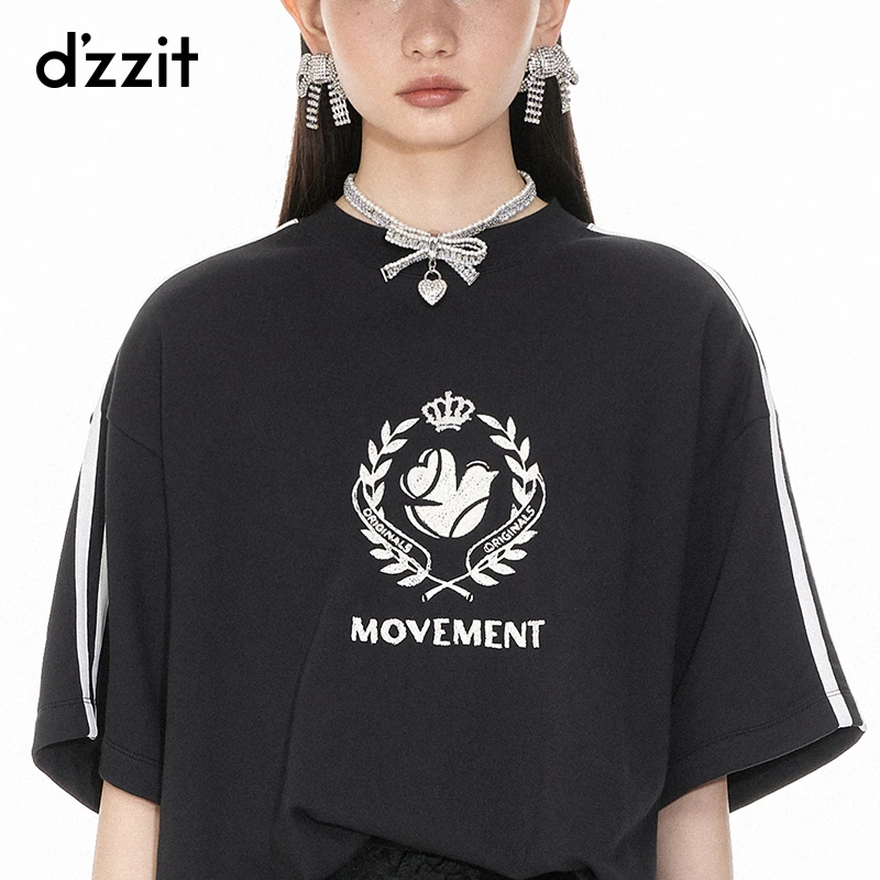 dzzit地素宽松短袖T恤休闲串珠印花中长款上衣女雅丹风3I1B309