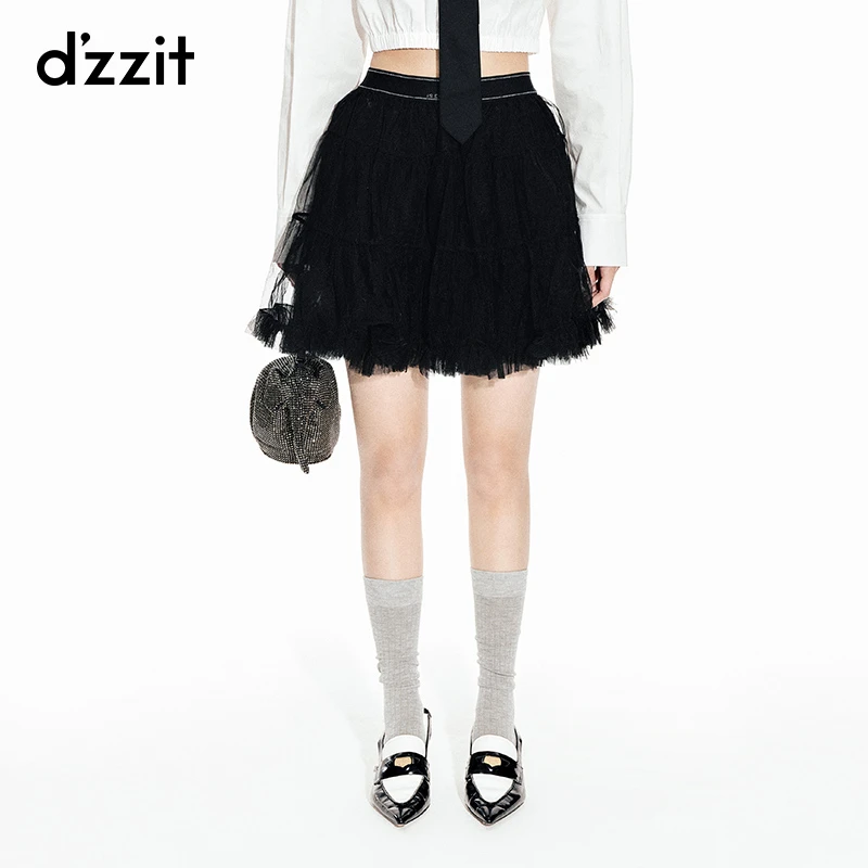 dzzit地素甜酷少女黑色网纱蓬蓬气质高腰半身裙短裙3H1S226