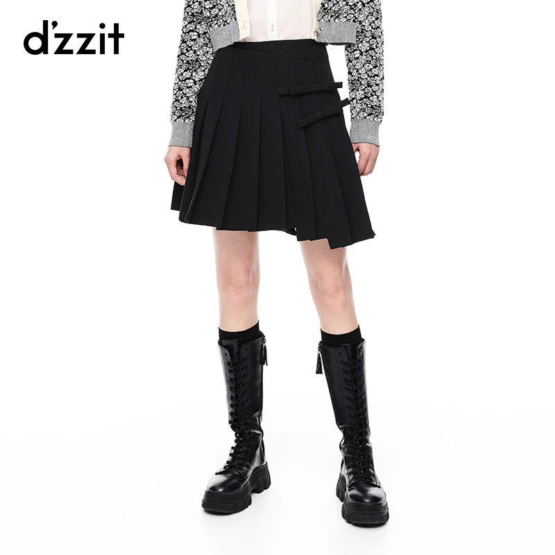 dzzit地素时尚学院风蝴蝶结高腰百褶裙女收腰约会裙子3E4S212