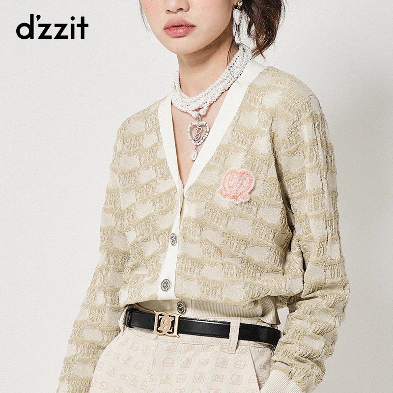 dzzit地素长袖针织衫春秋时尚暗纹提花V领毛衫开衫上衣3H3E529