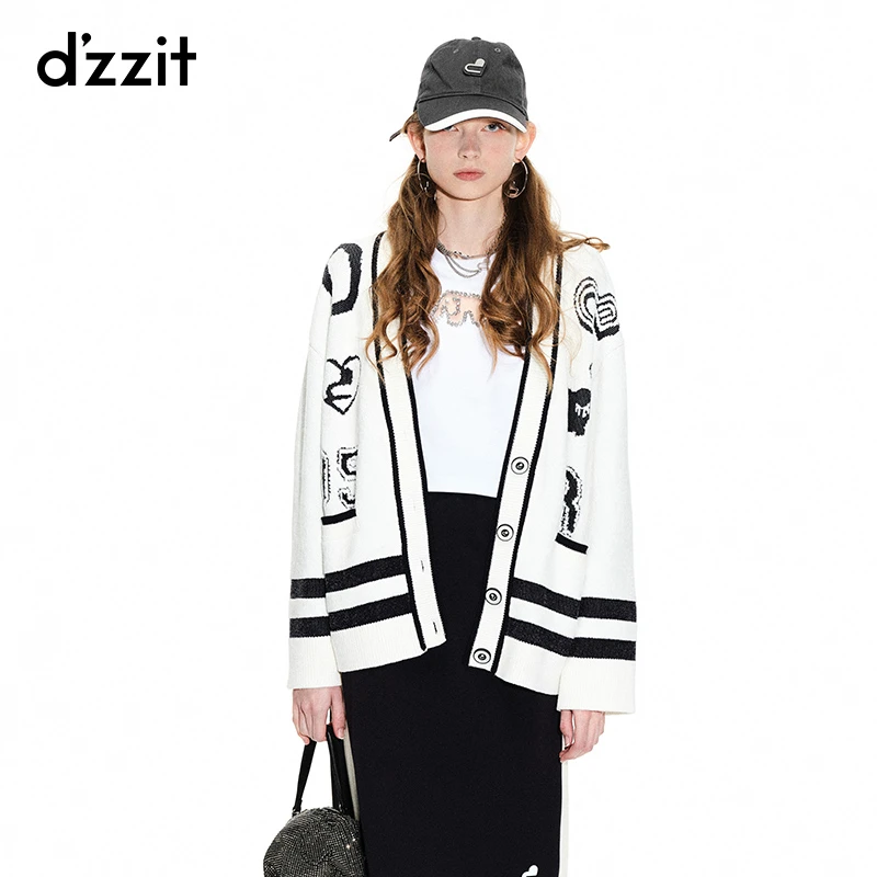 dzzit地素春秋装小香风黑白撞色宽松设计感小众针织开衫女3H1E544