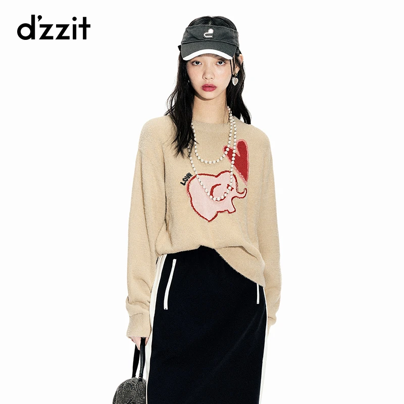 dzzit地素小象爱心珠片绣宽松圆领甜酷长袖针织衫上衣女3H1E424