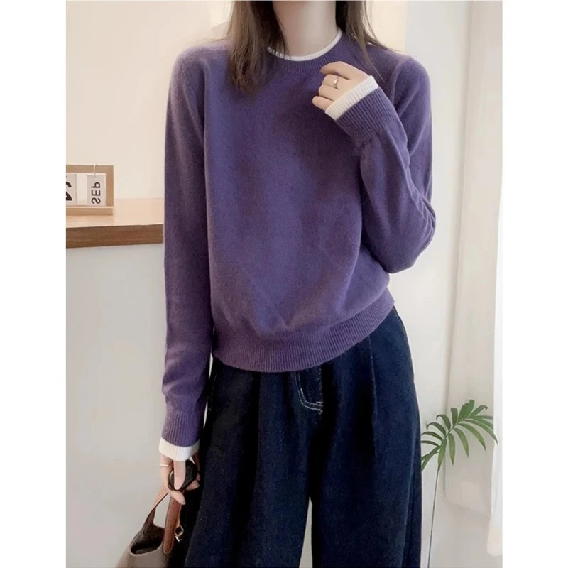 胖妹妹拼接撞色假两件打底针织衫女2025秋季新款大码宽松显瘦毛衣