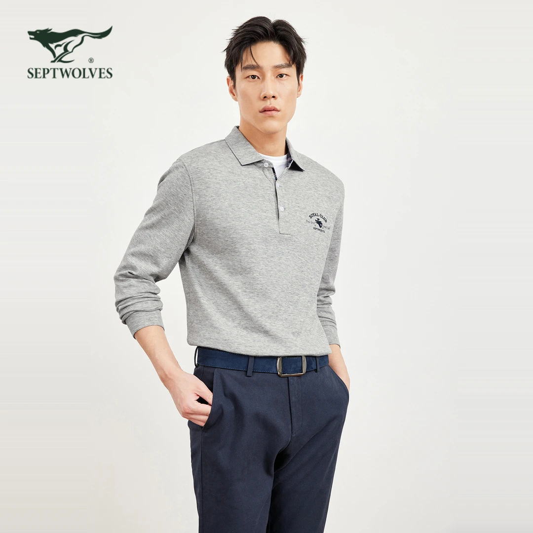 【复古时尚】七匹狼男装春新款长袖T恤男净色花纱翻领体恤运动百搭
