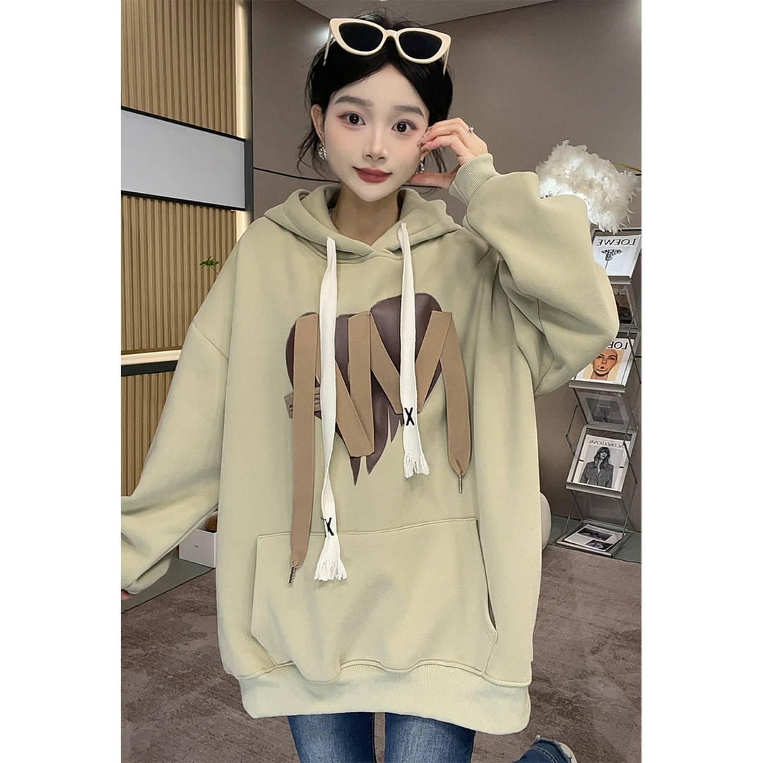 【爱心飘带】加绒加厚连帽宽松潮ins慵懒风遮屁股休闲百搭外套卫衣