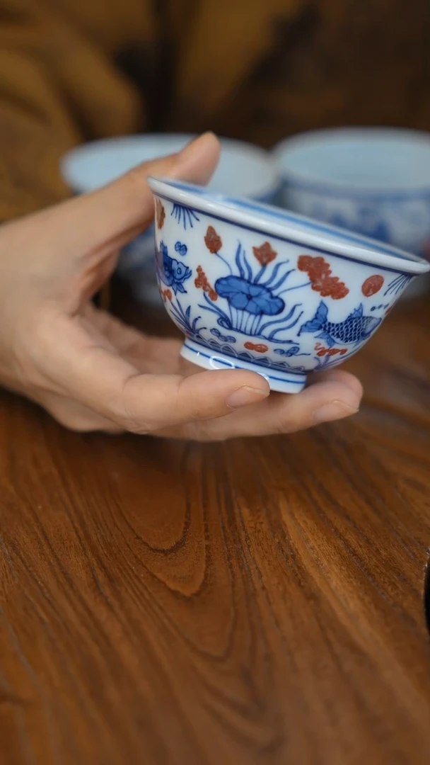 【闪购商品】陶瓷|A40青花釉里红鱼藻纹压手杯