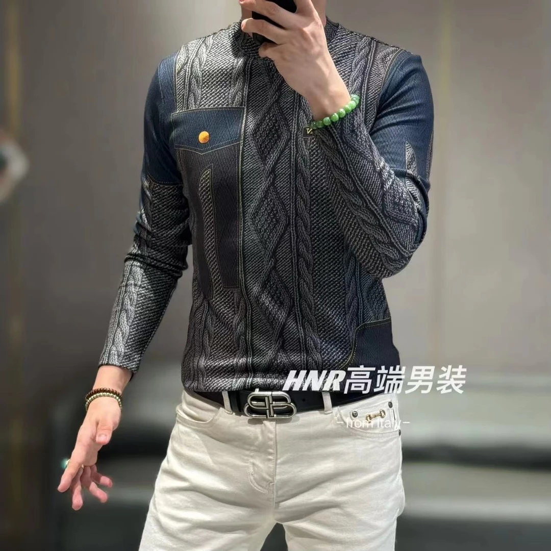 1胸前口袋麻花编织拼接图案新款个性高端男士休闲圆领长袖T恤7119