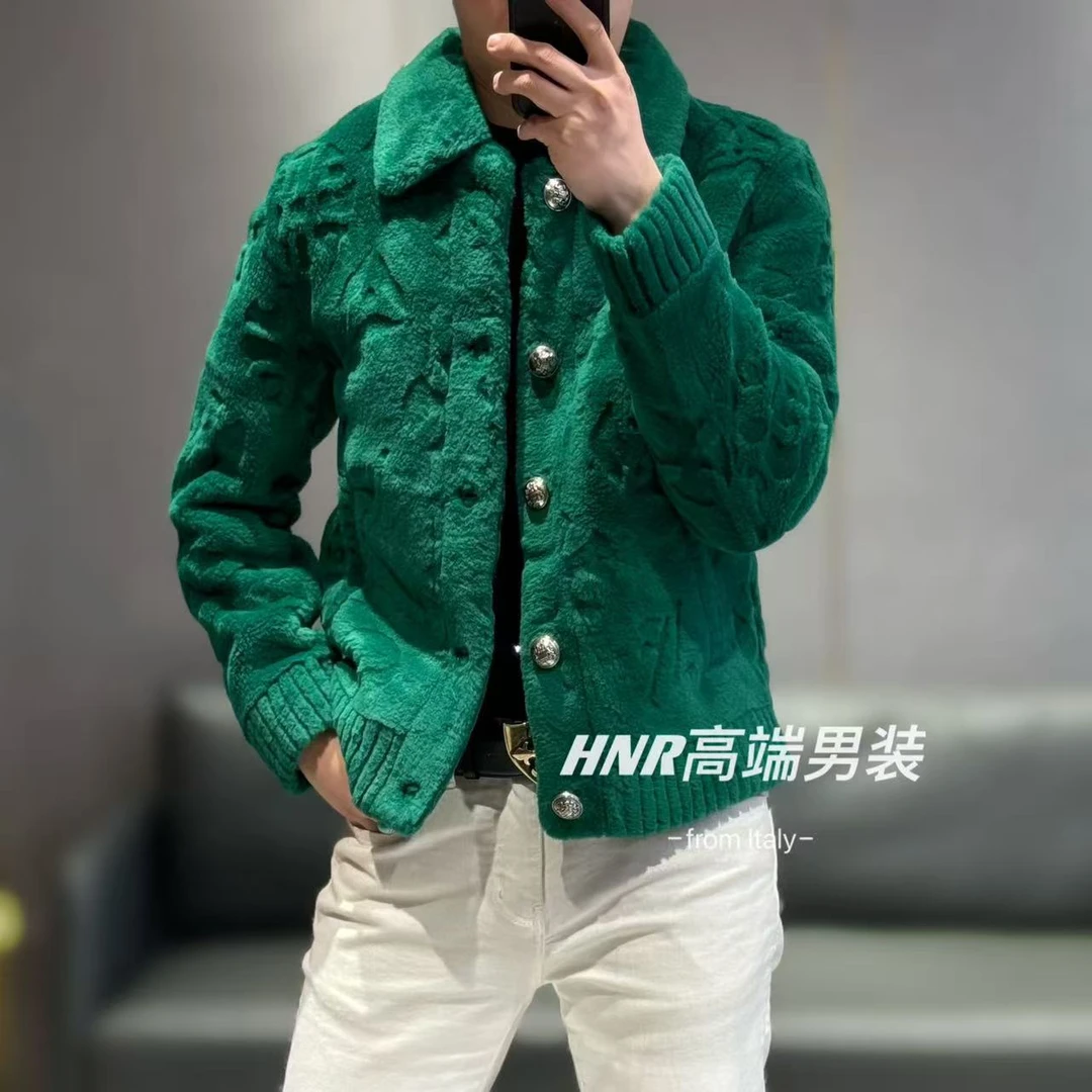 绵羊皮拼接剪花图案高端男士时尚休闲百搭夹克外套9720