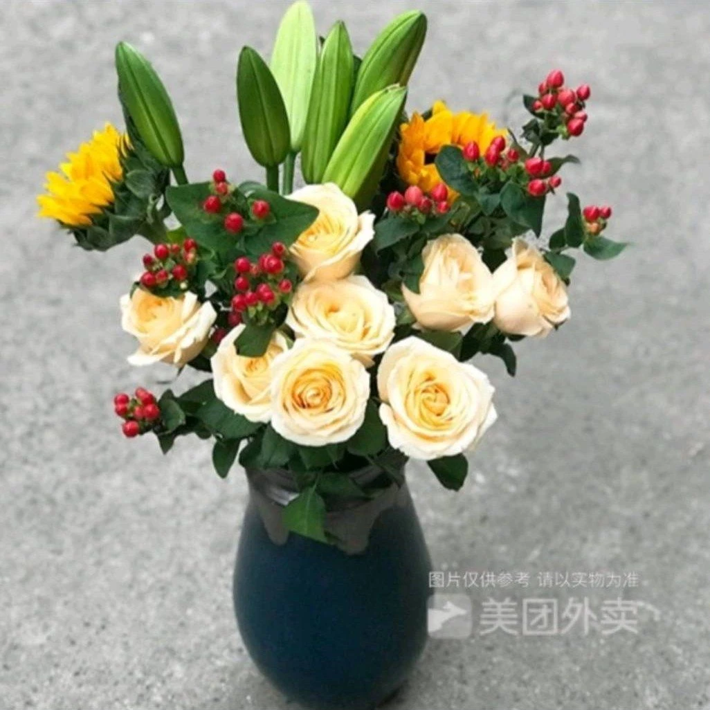 居家养花 2枝百合2枝向日葵8枝香槟玫瑰红豆混搭（不含花瓶，非花束，散花）