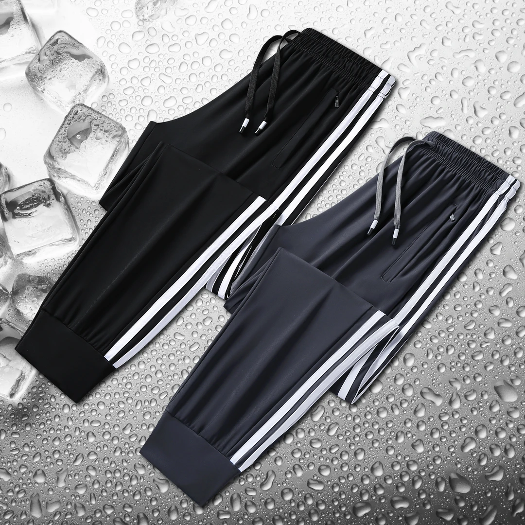 休闲运动冰丝裤男士夏季三条杠高弹大码薄款速干直筒时尚休闲裤子