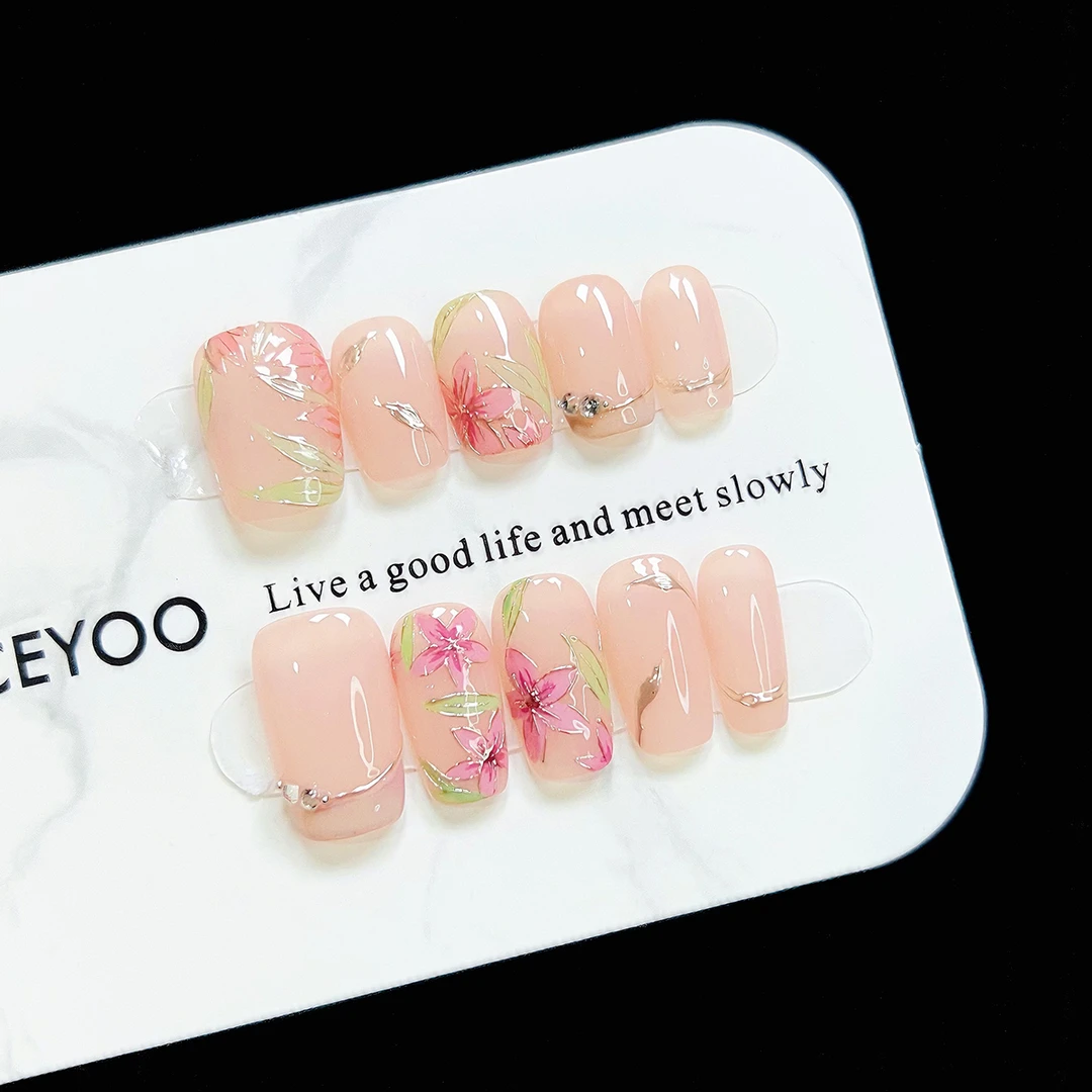 【繁花】设计师高定水彩手绘花朵穿戴甲高级感成品美甲贴片穿戴式