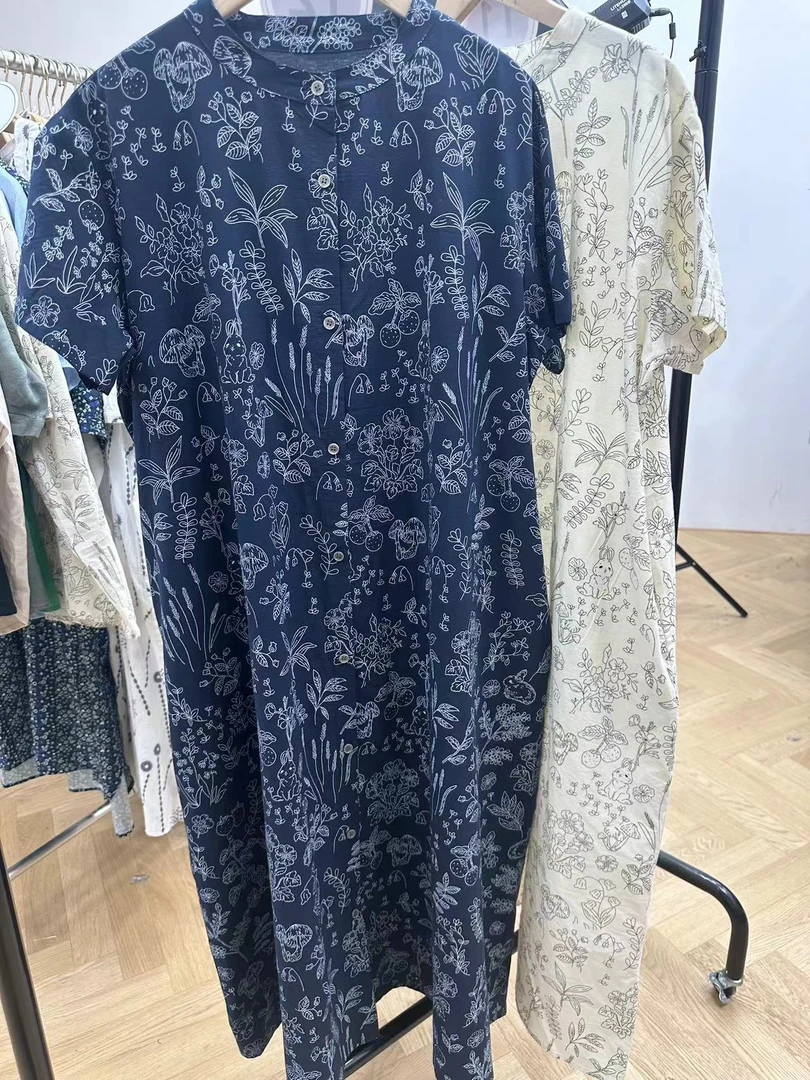 田家 日单女装连衣裙圆领印花夏季女士休闲时尚蓝色