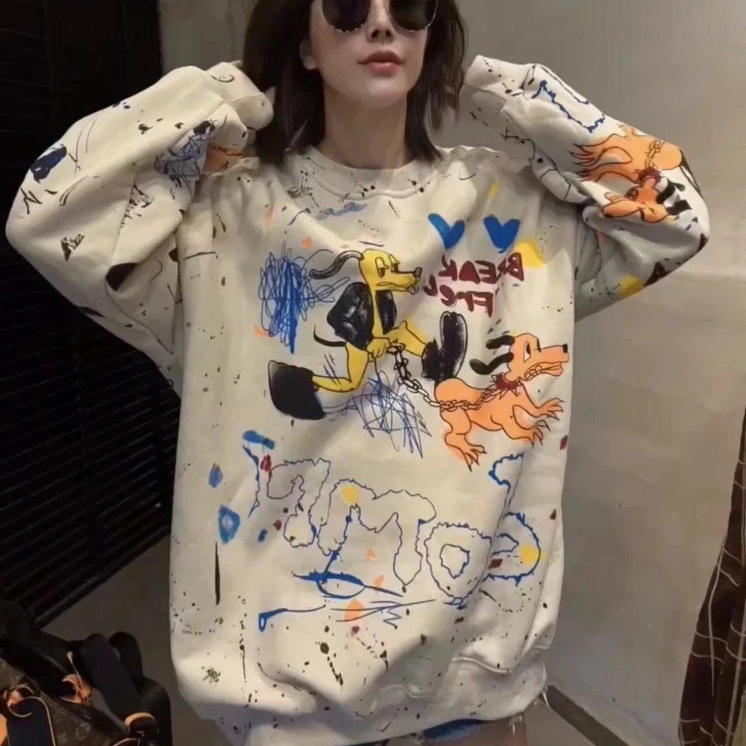 莎莎 「8855」早秋新款宽松大版上衣小狗印花套头卫衣