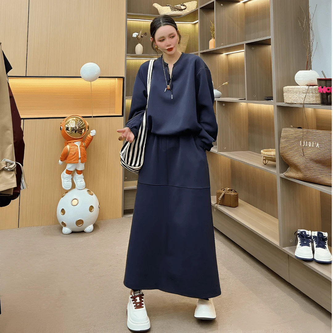 【两件套】藏青色春季长款新款减龄宽松显瘦套装LZX926