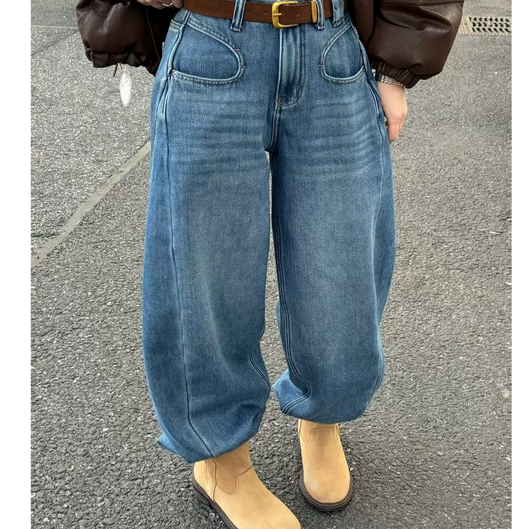 冬季新款加绒阔腿裤牛仔裤女2024高腰宽松显瘦弯刀裤LZX997