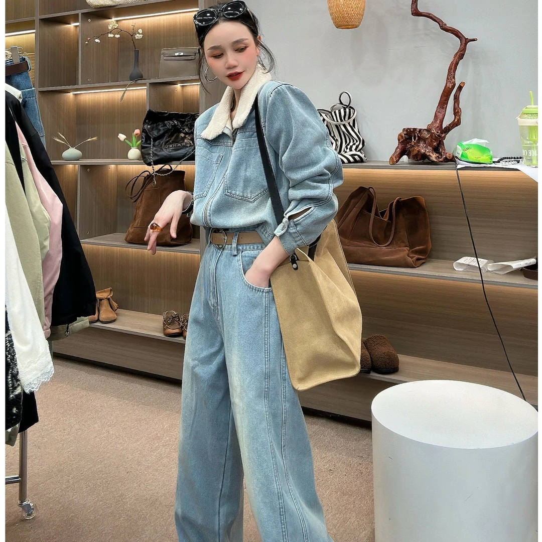 复古时髦加绒2025年早春新款翻领外套阔腿牛仔裤两件套LZX995