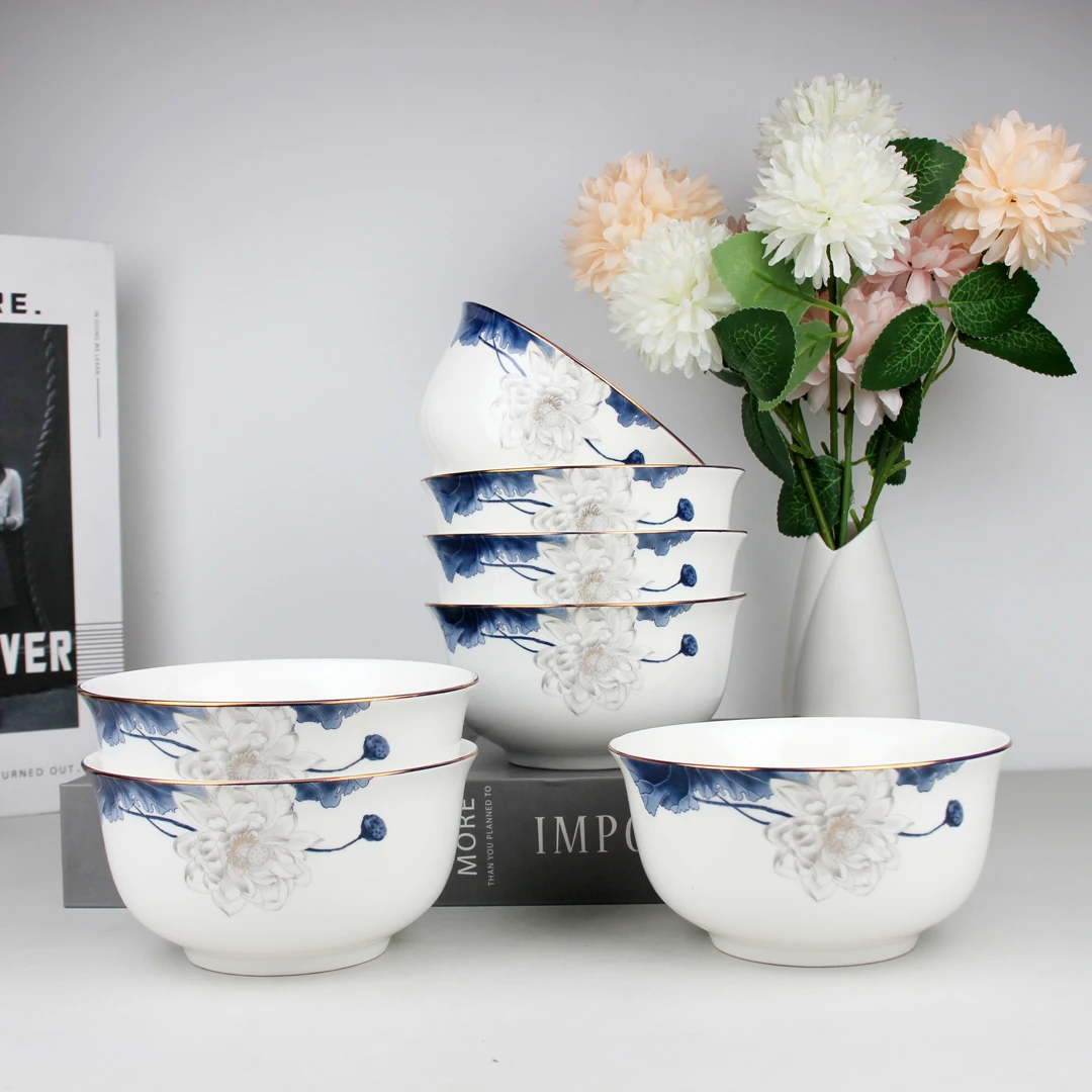 【铭策优品】荷风清韵金边4.5英寸10只中式陶瓷家用米饭碗小汤碗